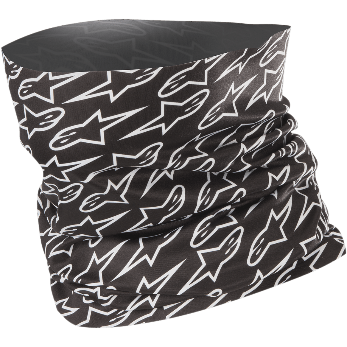 Alpinestars Neck Tube, cache-cou de moto, noir avec motif de logos étoiles blancs répété sur l'ensemble, tissu léger et extensible, conçu pour la protection contre le vent au printemps et en été