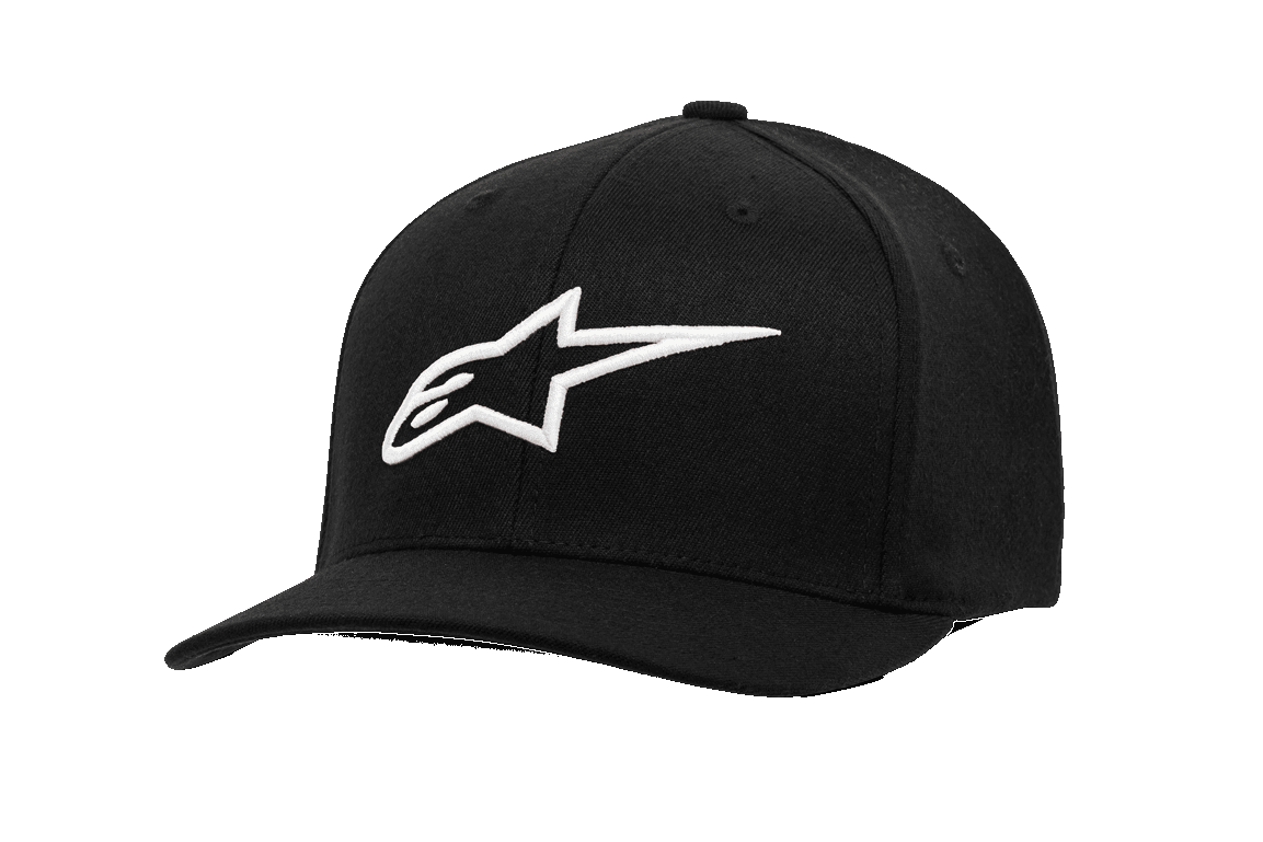 Alpinestars Casquette Ageless Curve, casquette de baseball noire avec logo étoile blanc brodé en 3D, visière courbée, couronne structurée, tissu sergé, vêtement sportswear décontracté motorsport