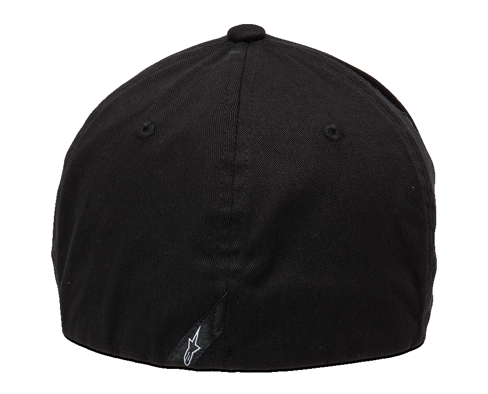 Casquette Alpinestars Ageless Curve, casquette sportswear noire, vue arrière montrant le design à dos extensible, petite étiquette noire avec logo blanc à l'arrière, construction en tissu sergé