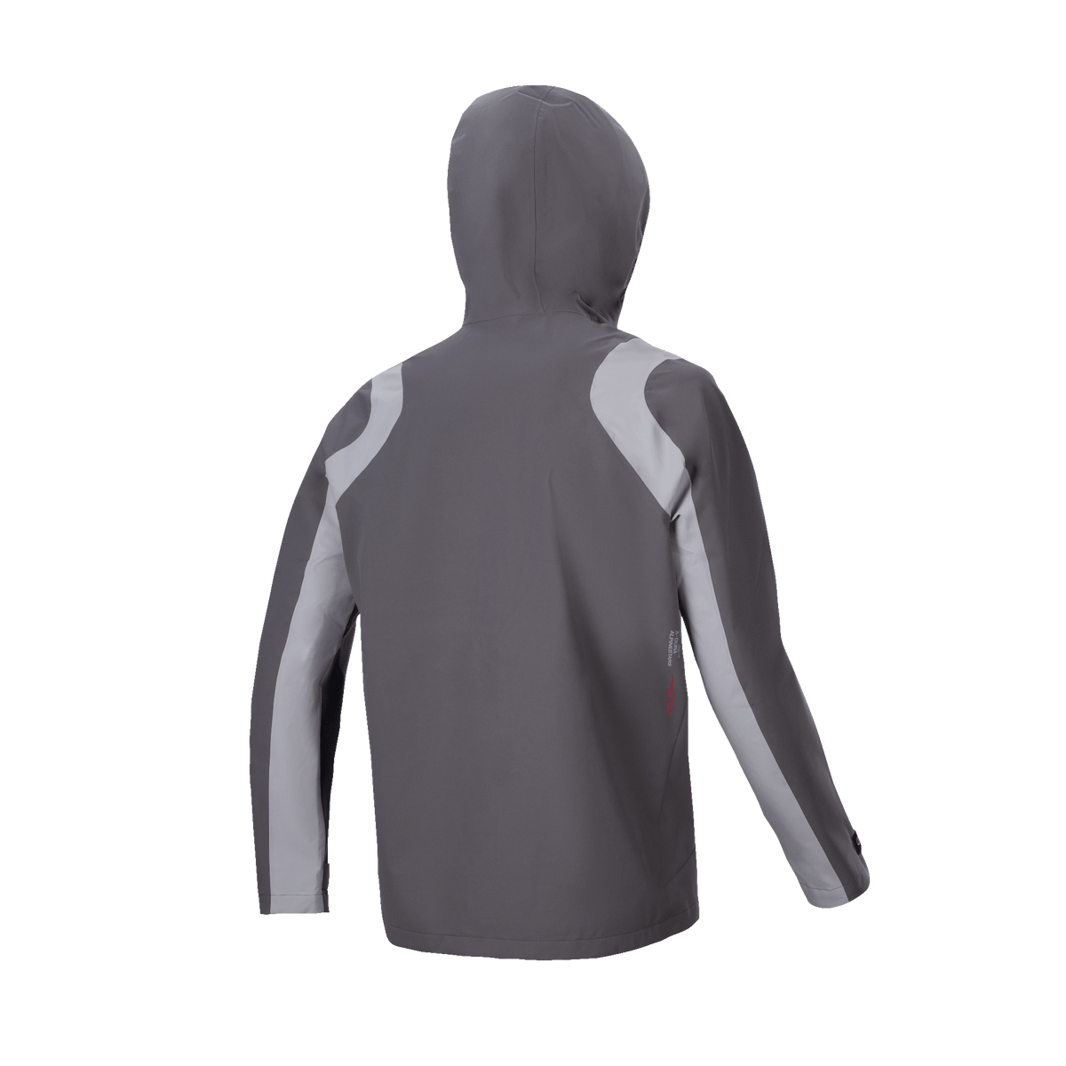 Veste de pluie Alpinestars A-Dura, veste de pluie pour VTT, titane foncé et gris, vue arrière avec capuche relevée, dotée de panneaux incurvés gris clair sur les épaules et les manches, conception technique pour le cyclisme par temps humide