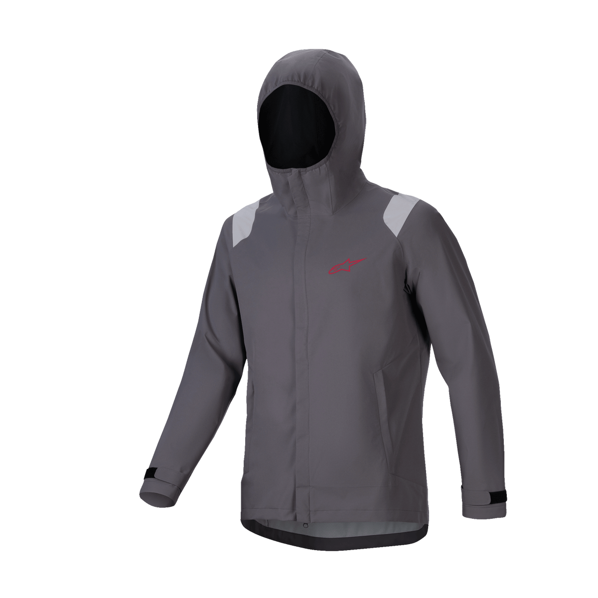 Veste de pluie Alpinestars A-Dura, veste imperméable pour VTT, gris titane foncé, modèle à capuche avec logo étoile rouge, détails gris clair sur les épaules, poignets réglables avec velcro, équipement technique haute performance pour VTT