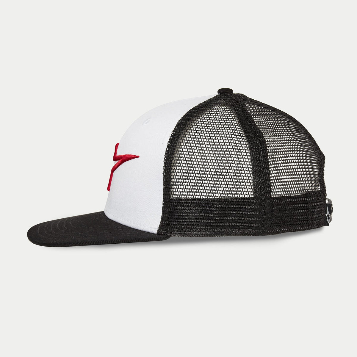 Alpinestars Corp Trucker Hat, Side View, White and Black, Red 3D embroidered logo on the side, black mesh back with black flat bill, structured crown for casual sportswear
