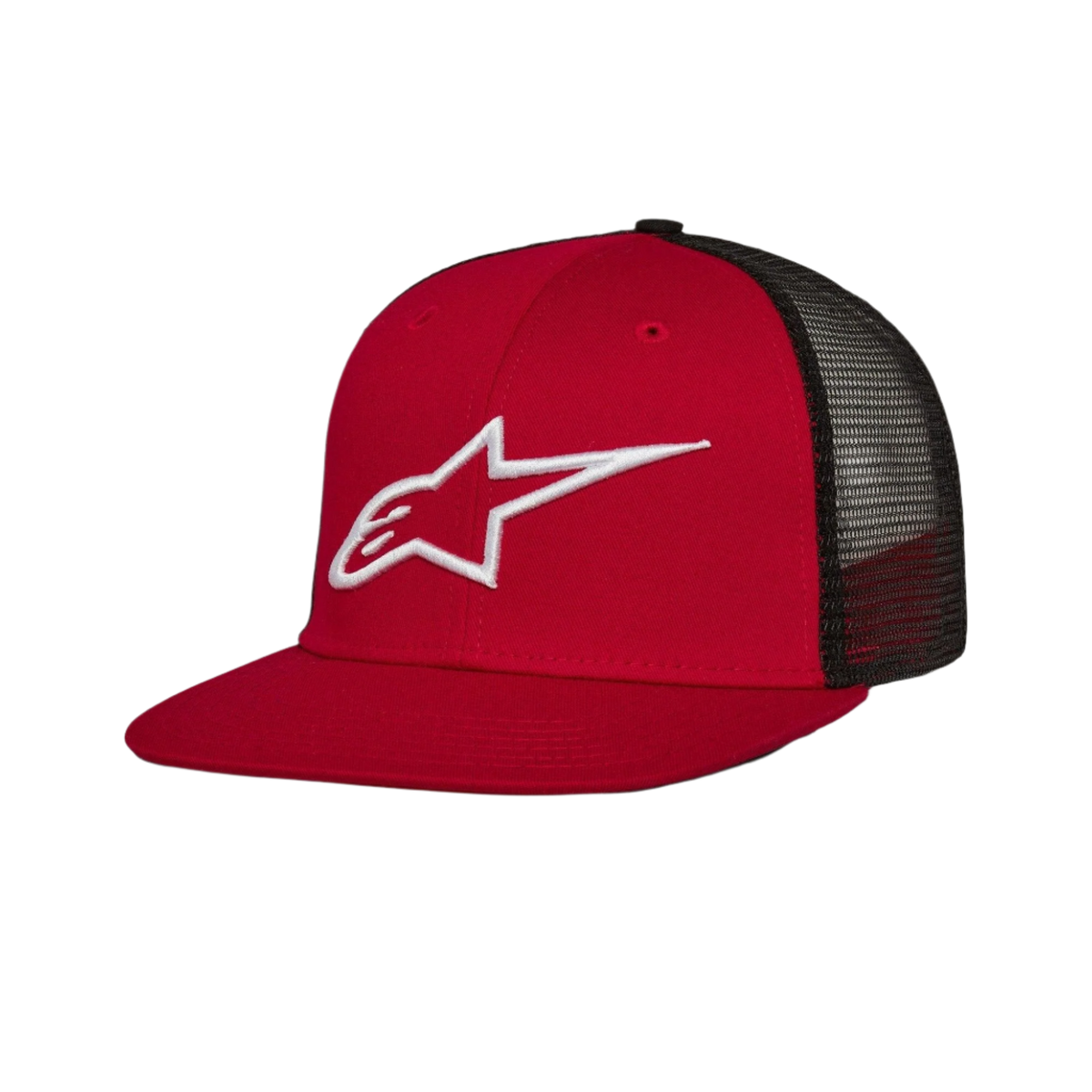 Alpinestars Corp Trucker Hat, rouge et noire, casquette trucker à visière plate, logo blanc brodé en 3D, devant en sergé rouge et panneaux arrière en maille noire