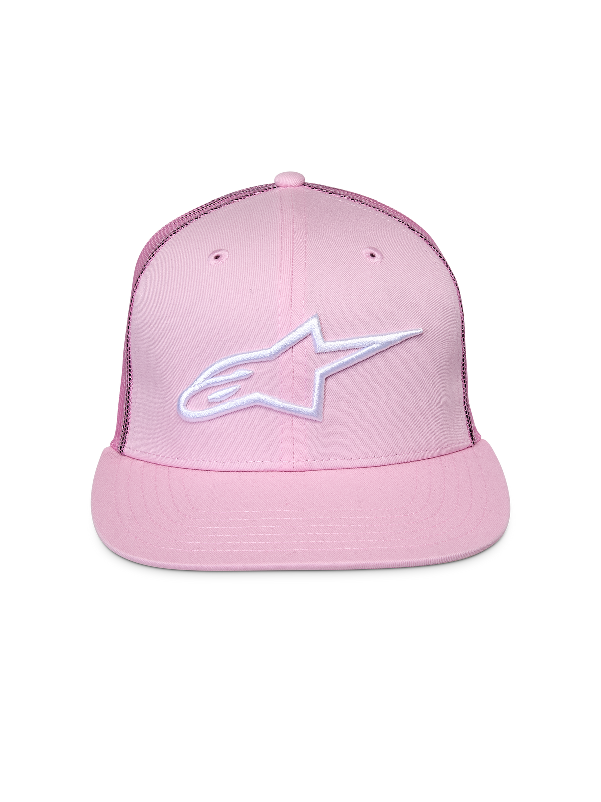 Casquette Alpinestars Corp Trucker, rose, avec logo brodé blanc à l'avant, visière plate avec couronne structurée, panneaux arrière en maille, accessoire de tête motorsport décontracté