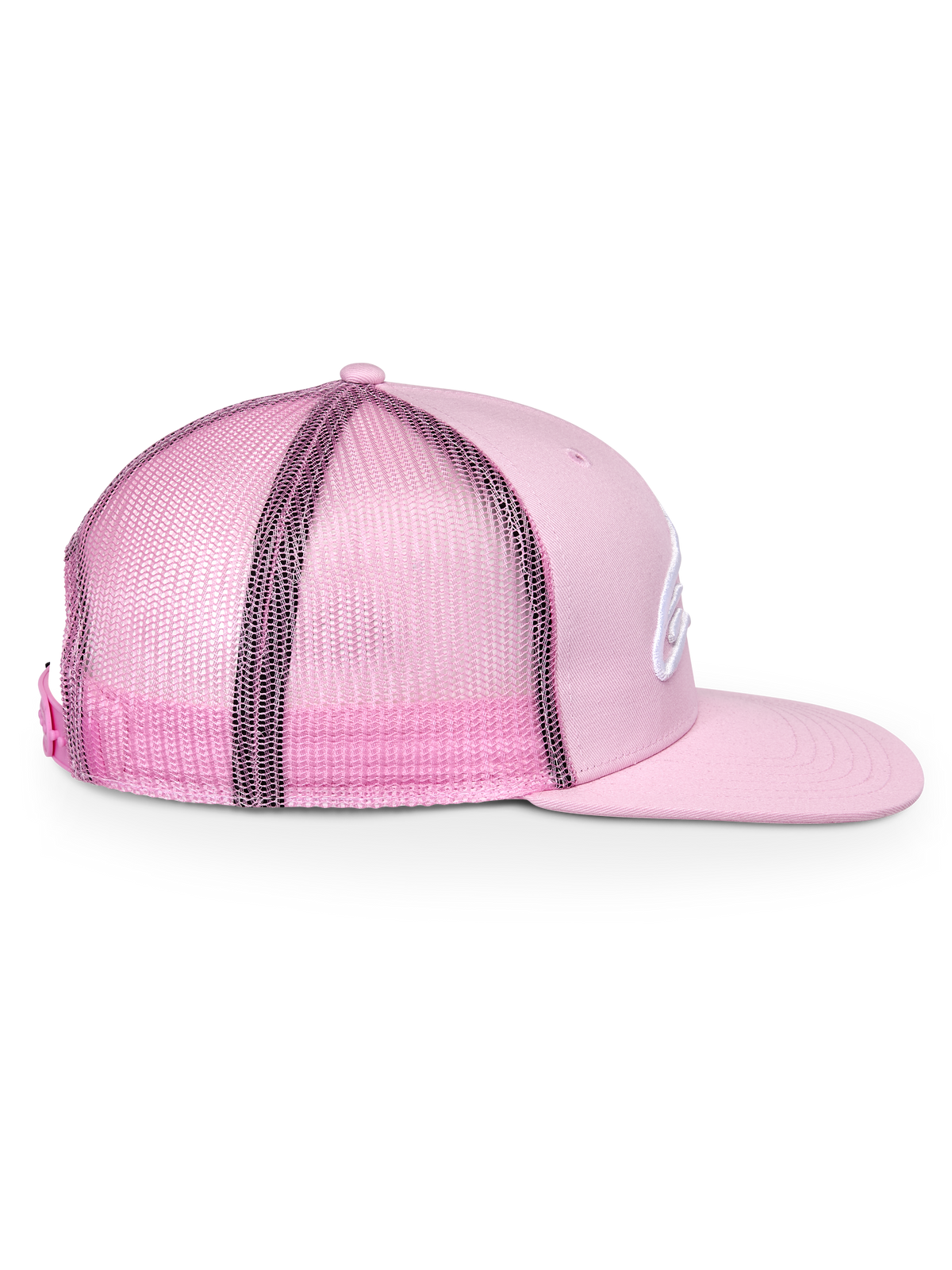 Casquette Trucker Alpinestars Corp, rose, vue de profil, couronne structurée avec visière plate, avant en sergé et arrière en maille, fermeture snapback ajustable, accessoire sportswear décontracté