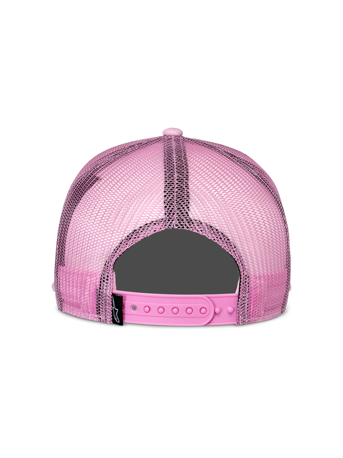 Casquette Trucker Alpinestars Corp, rose, vue arrière, avec panneaux arrière en maille rose et fermeture snapback réglable, accessoire décontracté inspiré des sports mécaniques