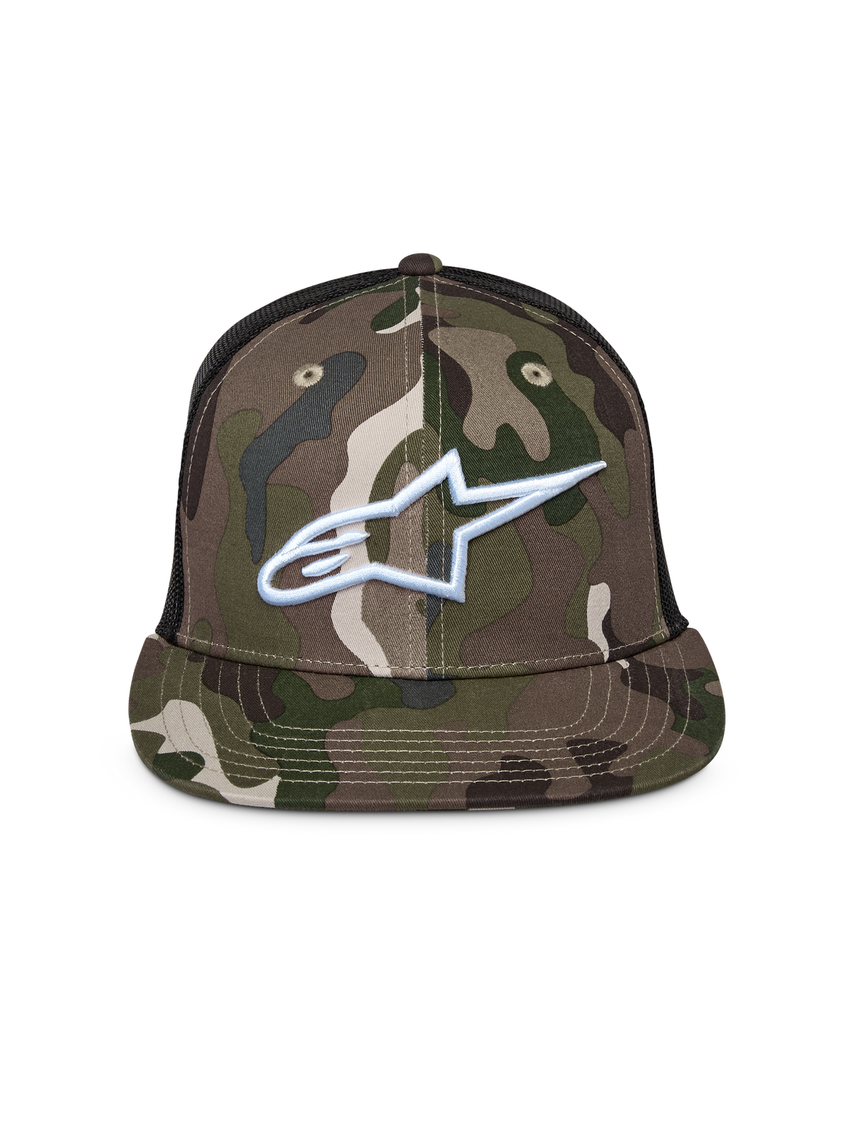Alpinestars Corp Trucker Hat, Green Camo and Black, flat bill trucker cap with mesh back, featuring a white embroidered Alpinestars logo on the front, casual motorsport streetwear