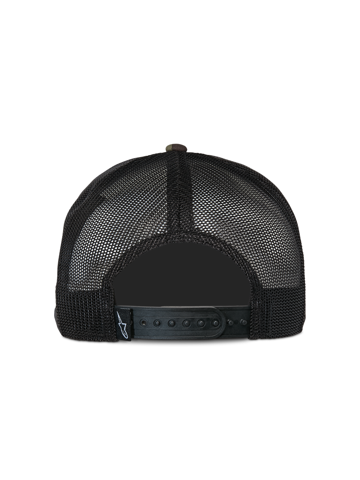 Alpinestars Corp Trucker Hat, Casual Trucker Cap, Green Camo and Black, rear view featuring black mesh back panels and adjustable snapback closure, small woven logo tag, classic motorsport-inspired design