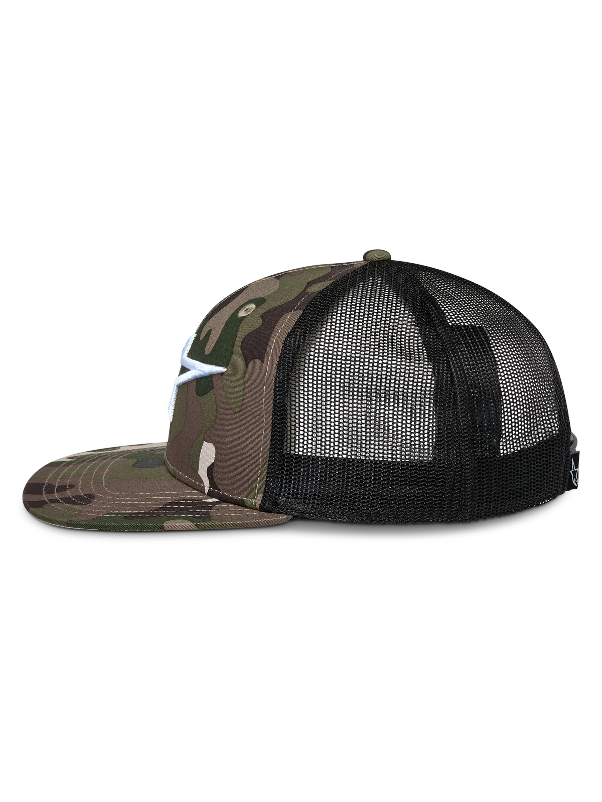 Alpinestars Corp Trucker Hat, side profile, Green Camo twill front and flat bill, black mesh back, white embroidered Astars logo, casual motorsport streetwear