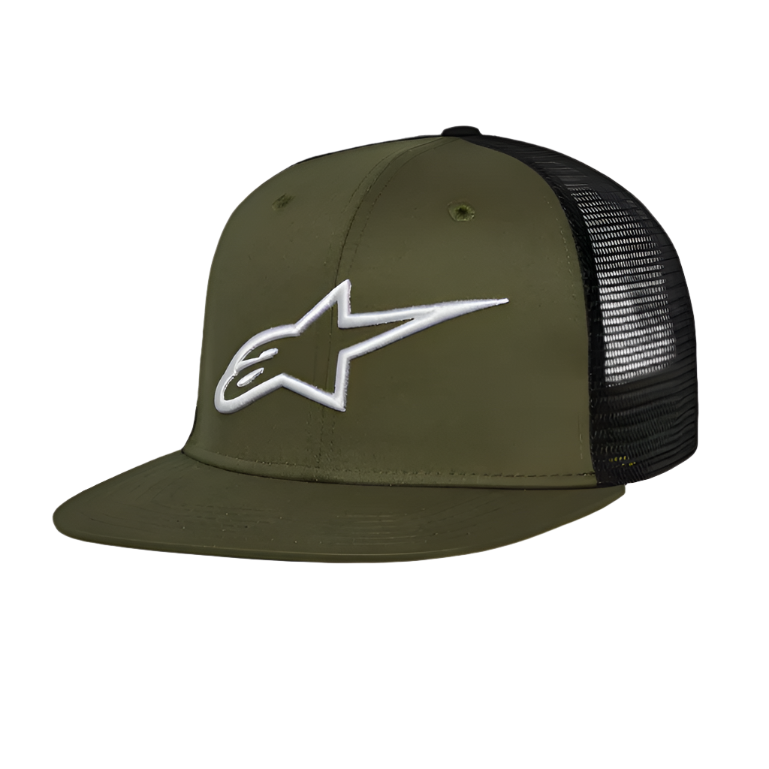 Casquette Alpinestars Corp Trucker, casquette trucker à visière plate, vert militaire et noir, logo Alpinestars blanc brodé en 3D sur le devant, avant en twill et arrière en maille, accessoire de mode sport automobile décontracté