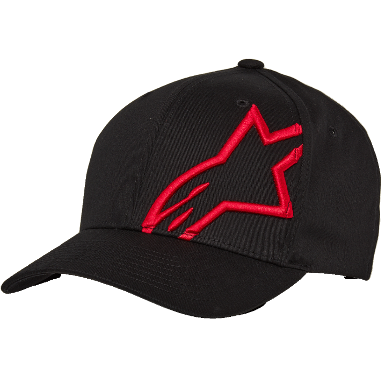 Alpinestars Corp Shift 2, casquette de baseball à visière courbée, noire avec un grand logo étoile rouge brodé à plat sur le panneau avant gauche, visière courbée Flexfit, construction à six panneaux, couvre-chef décontracté inspiré des sports mécaniques