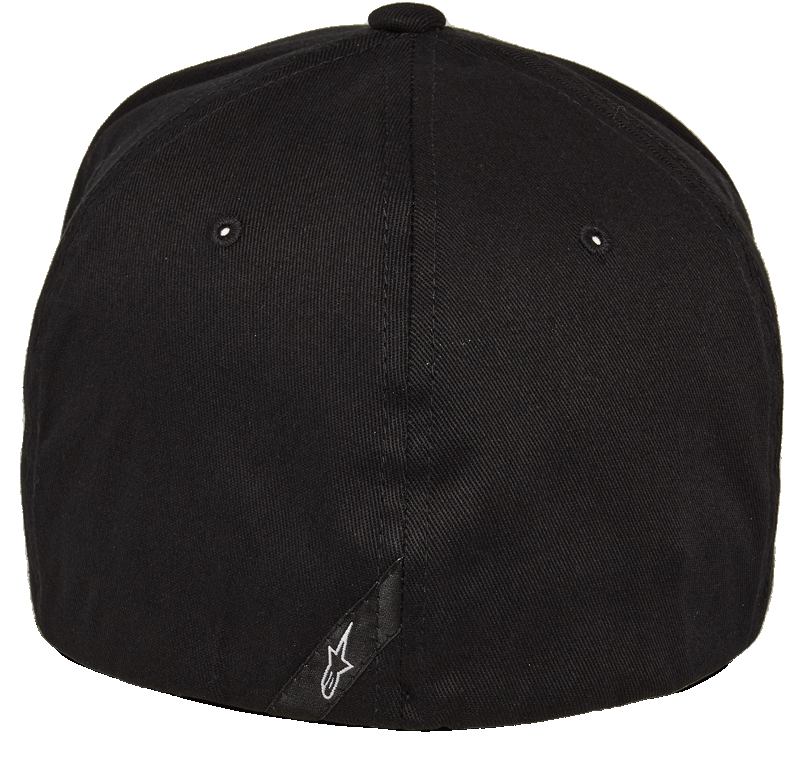 Casquette Alpinestars Corp Shift 2 Curved Brim, noire, vue arrière avec petit logo Astars blanc sur étiquette en daim diagonale, casquette Flexfit décontractée inspirée des sports mécaniques