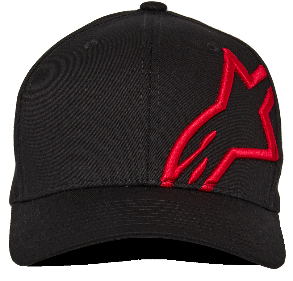 Alpinestars Corp Shift 2 Curved Brim, casquette de baseball, noir avec broderie rouge, logo Astars plat sur le panneau avant gauche, couvre-chef décontracté pour les sports mécaniques