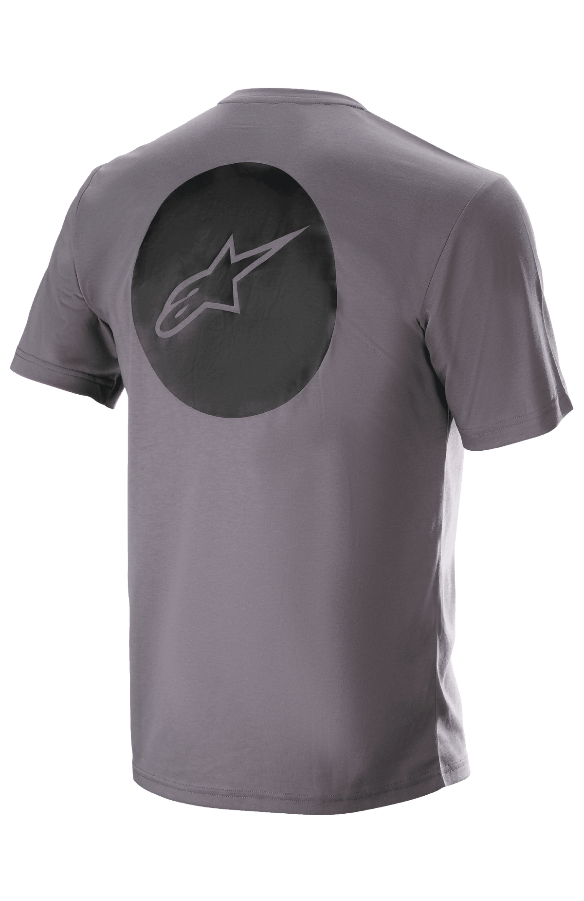 T-shirt Alpinestars Dot Tech, manches courtes, gris Sparrow, vue arrière présentant un grand graphique circulaire noir avec le logo étoile Alpinestars, vêtement technique de VTT évacuant l'humidité