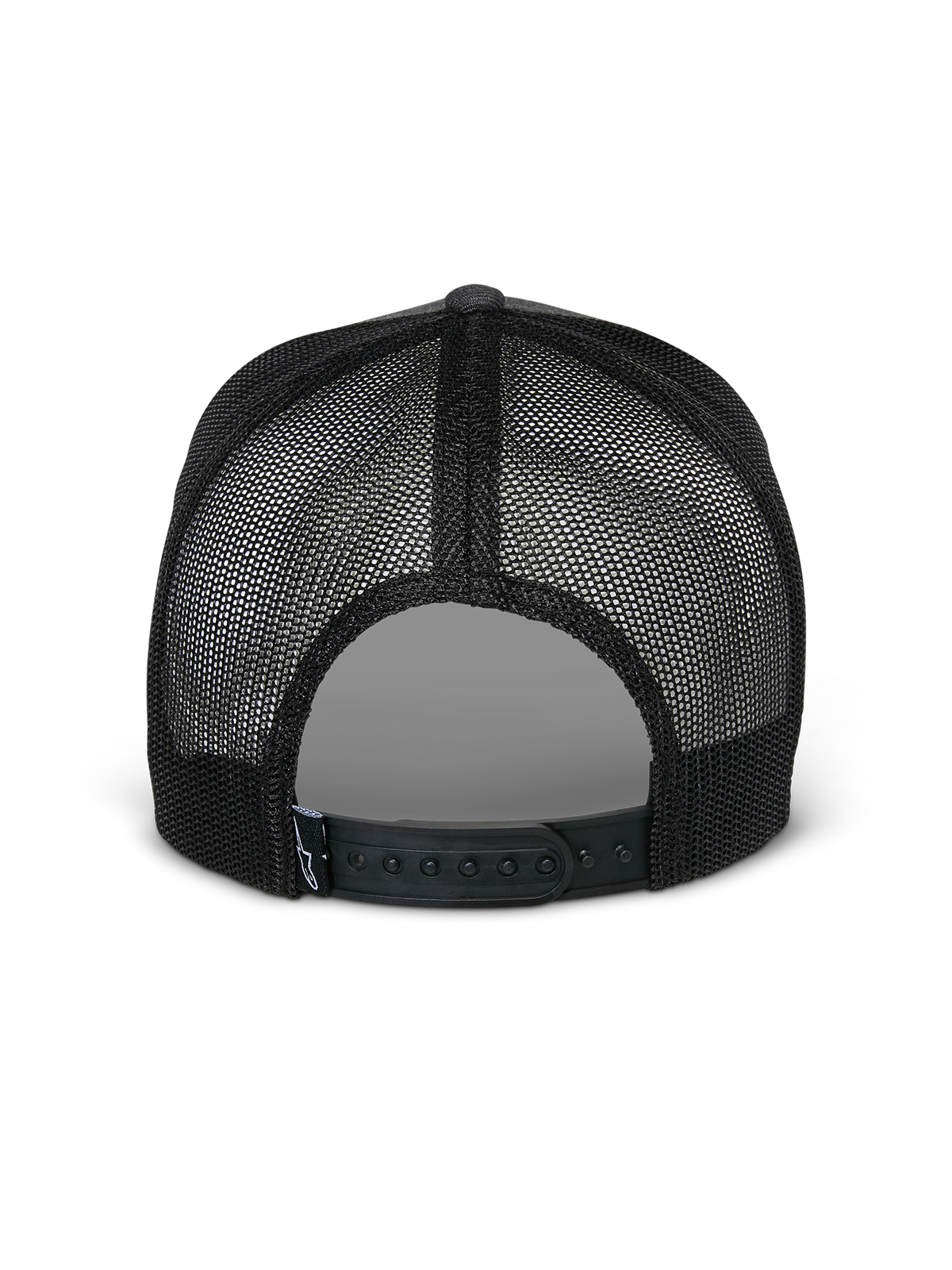 Alpinestars Flag Snapback Hat, rear view, Charcoal Heather Black, featuring breathable black mesh panels and adjustable snapback closure, casual motorsport-inspired headwear