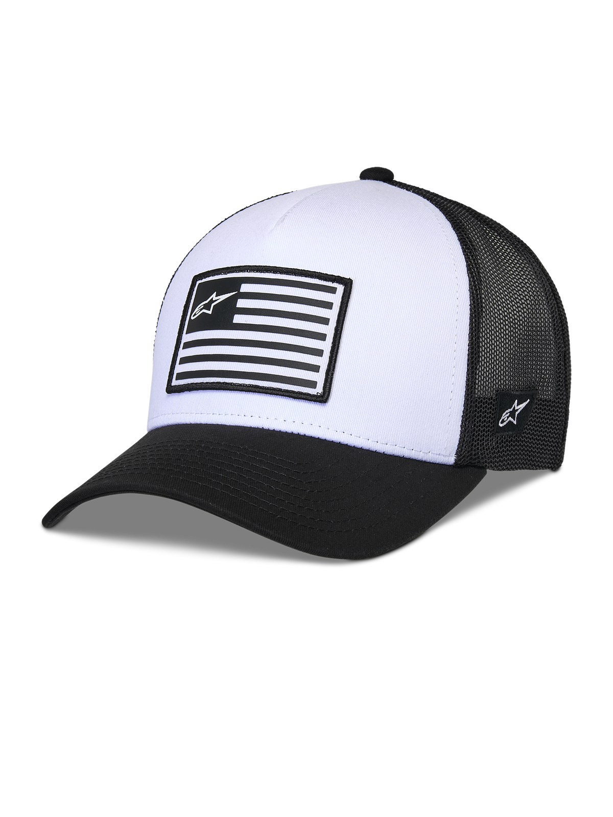 Alpinestars Flag Snapback Hat, White and Black, Structured crown with curved bill, white front panel and black mesh back, featuring a rectangular flag-style logo patch, casual motorsport-inspired headwear