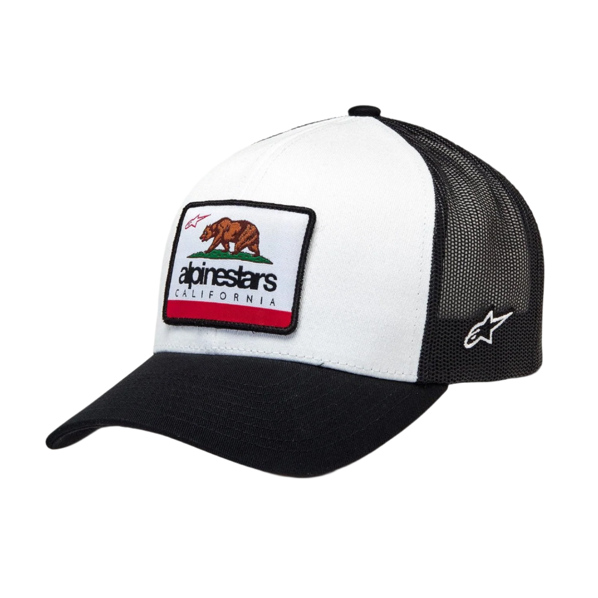 Casquette Alpinestars Cali 2.0, casquette trucker blanche et noire, visière courbée avec couronne structurée, patch tissé ours de Californie et logo Alpinestars, arrière en maille polyester noire, style motorsport décontracté