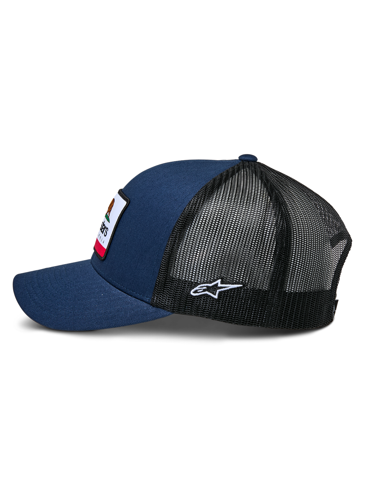 Alpinestars Cali 2.0 Hat, Navy Blue and Black, side profile view, twill front with woven merrow patch, black poly mesh back with white embroidered star logo, curved bill, casual motorsport-inspired headwear
