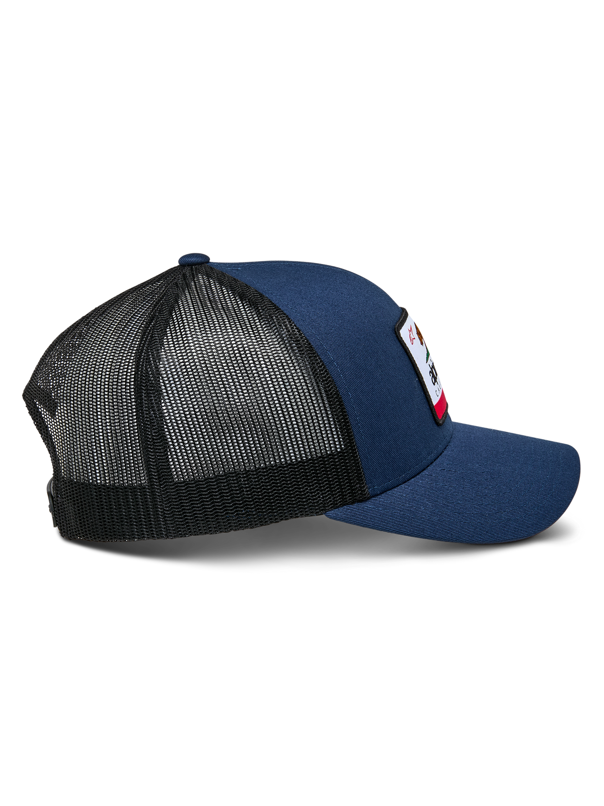 Alpinestars Cali 2.0 Hat, Navy Blue with Black mesh, side profile view, structured trucker cap with curved bill and twill front, breathable poly mesh back, casual motorsport headwear