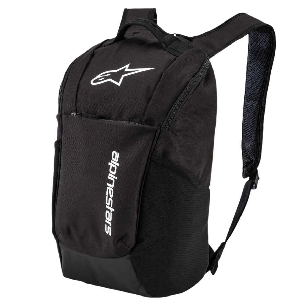 Sac à dos Alpinestars Defcon V2, noir, petit sac à dos quotidien avec logo blanc imprimé et marquage vertical, doté de poches latérales en maille et de bretelles en maille aérée, conception durable en polyester 600D