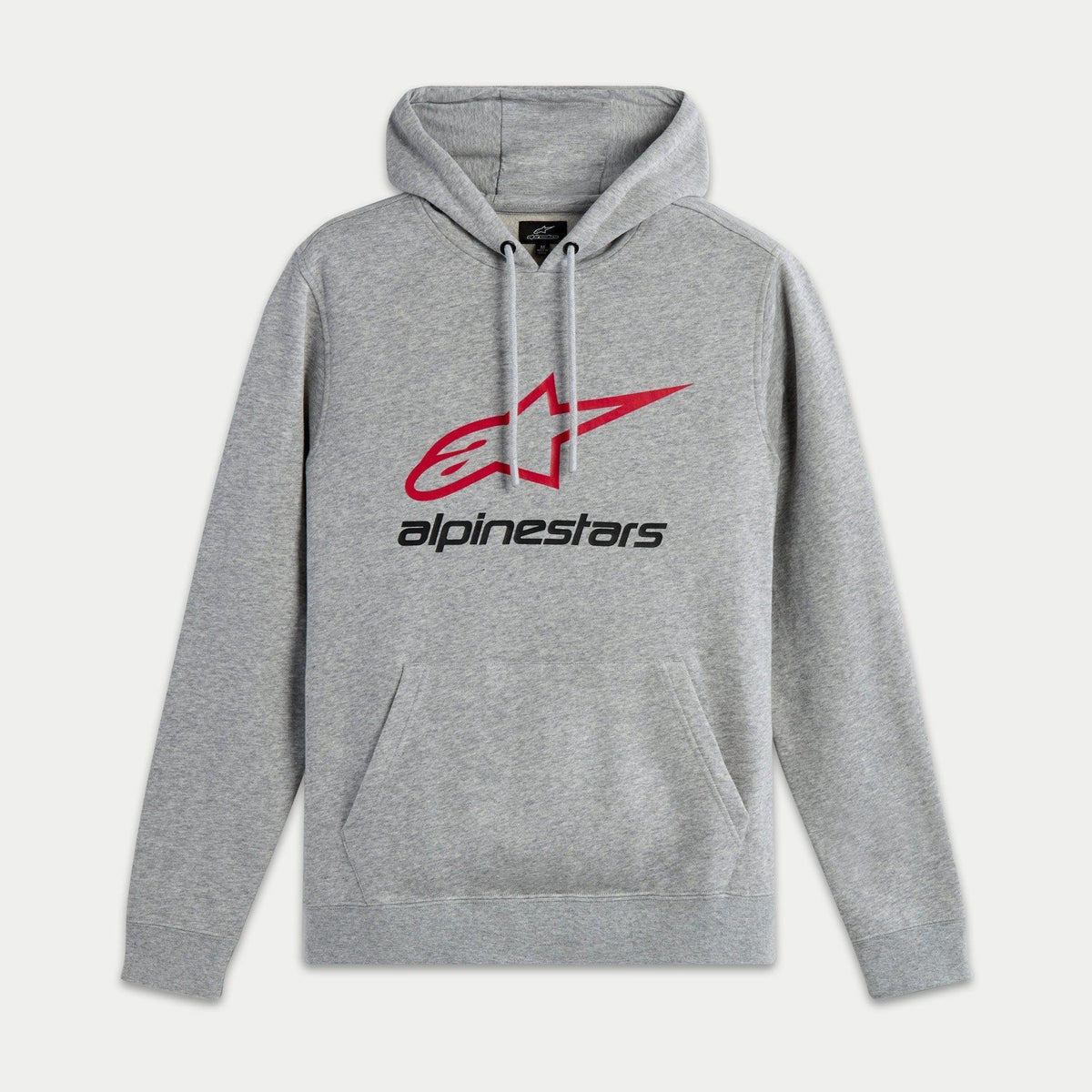Alpinestars Always V3 Hoodie, sweat à capuche en polaire gris chiné, arborant un logo étoile aux contours rouges et le texte Alpinestars en noir sur la poitrine, capuche avec cordon de serrage, poche kangourou frontale, streetwear décontracté inspiré du sport automobile