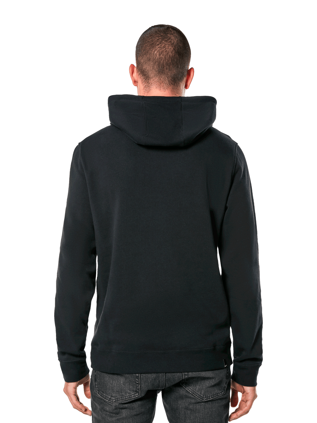 Sweat à capuche Alpinestars Ride 4.0, vue de dos, streetwear noir décontracté, polaire à capuche unie avec poignets et ourlet côtelés, porté avec un jean foncé, design moderne inspiré du sport automobile