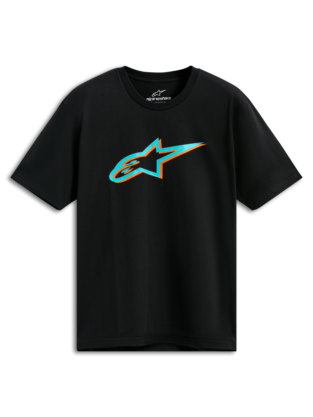 T-shirt Alpinestars Ageless Shadow CSF, t-shirt à manches courtes, noir, logo Astars avec effet d'ombre turquoise et orange, streetwear décontracté inspiré du sport automobile