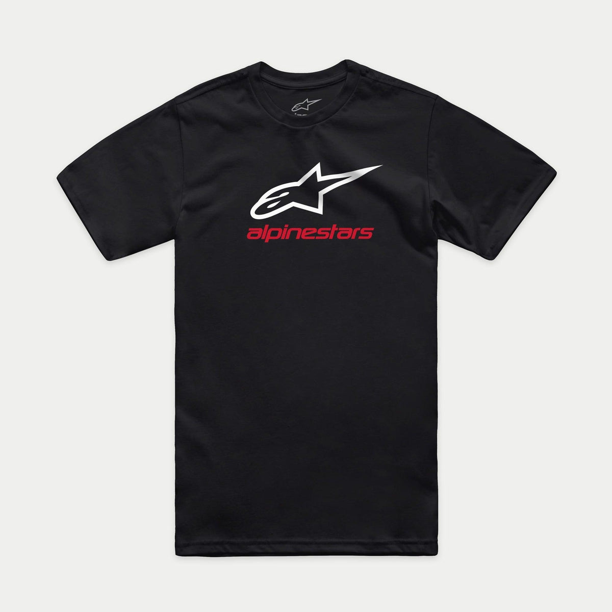 Alpinestars Always 2.0 CSF Tee, t-shirt à manches courtes, noir, logo étoile blanc avec texte Alpinestars rouge, streetwear décontracté inspiré du sport automobile