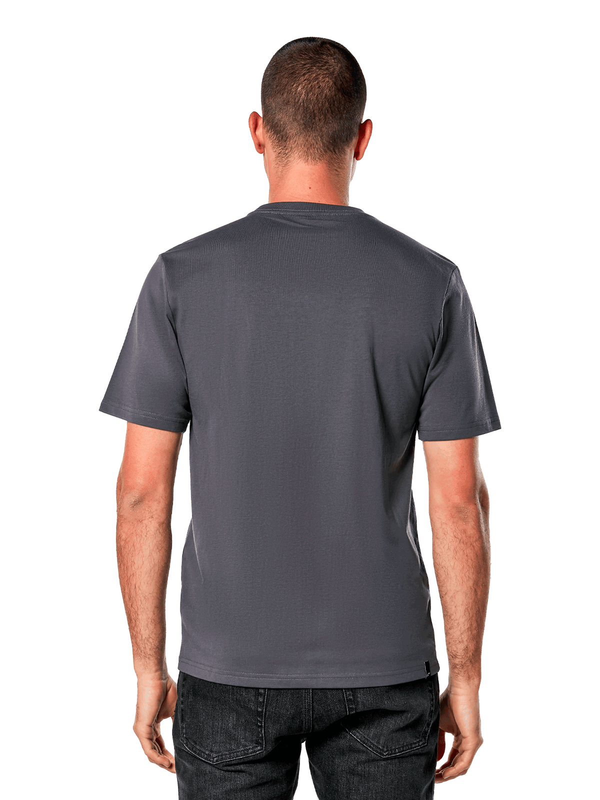 Alpinestars Ride 4.0 CSF Tee, Back View, Short Sleeve T-Shirt, Charcoal, plain back design with cut-and-sew fit, worn with black jeans, casual motorsport-inspired streetwear