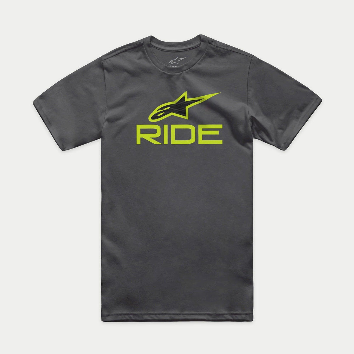 Alpinestars Ride 4.0 CSF Tee, Short Sleeve T-Shirt, Charcoal, Lime Green and Black Astars Logo with RIDE Text, Casual Motorsport Sportswear
