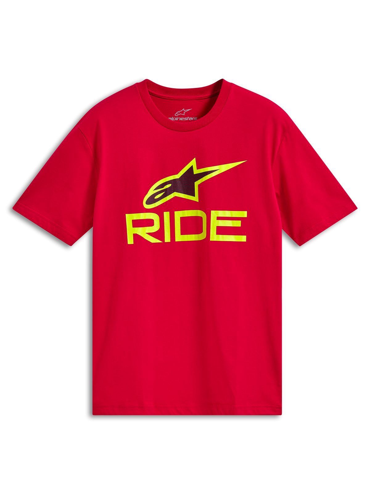 Alpinestars Ride 4.0 CSF Tee, t-shirt à manches courtes, rouge avec texte RIDE jaune fluo et logo A-star, vêtement de sport automobile décontracté