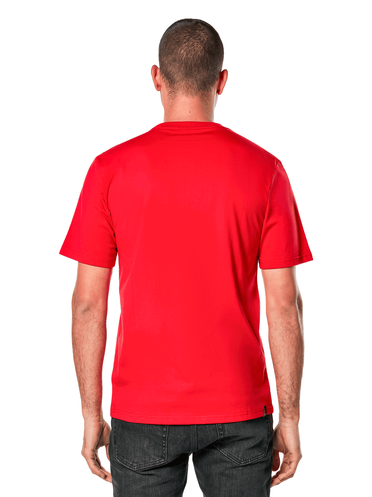 T-shirt Alpinestars Ride 4.0 CSF, t-shirt à manches courtes, rouge, vue de dos sur modèle, tissu rouge vif avec une petite étiquette de marque noire à l'ourlet, style streetwear décontracté inspiré des sports mécaniques