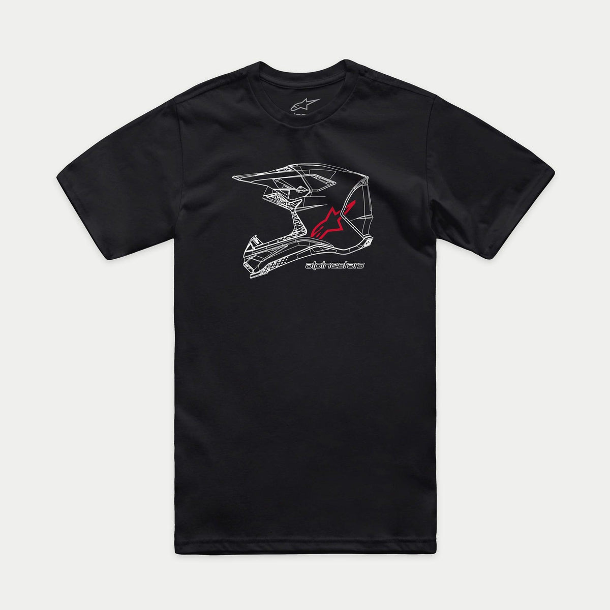 T-shirt Alpinestars MX Helmet CSF, t-shirt à manches courtes, noir, graphisme filaire blanc de casque MX avec logo et texte Alpinestars rouges, streetwear motorsport décontracté