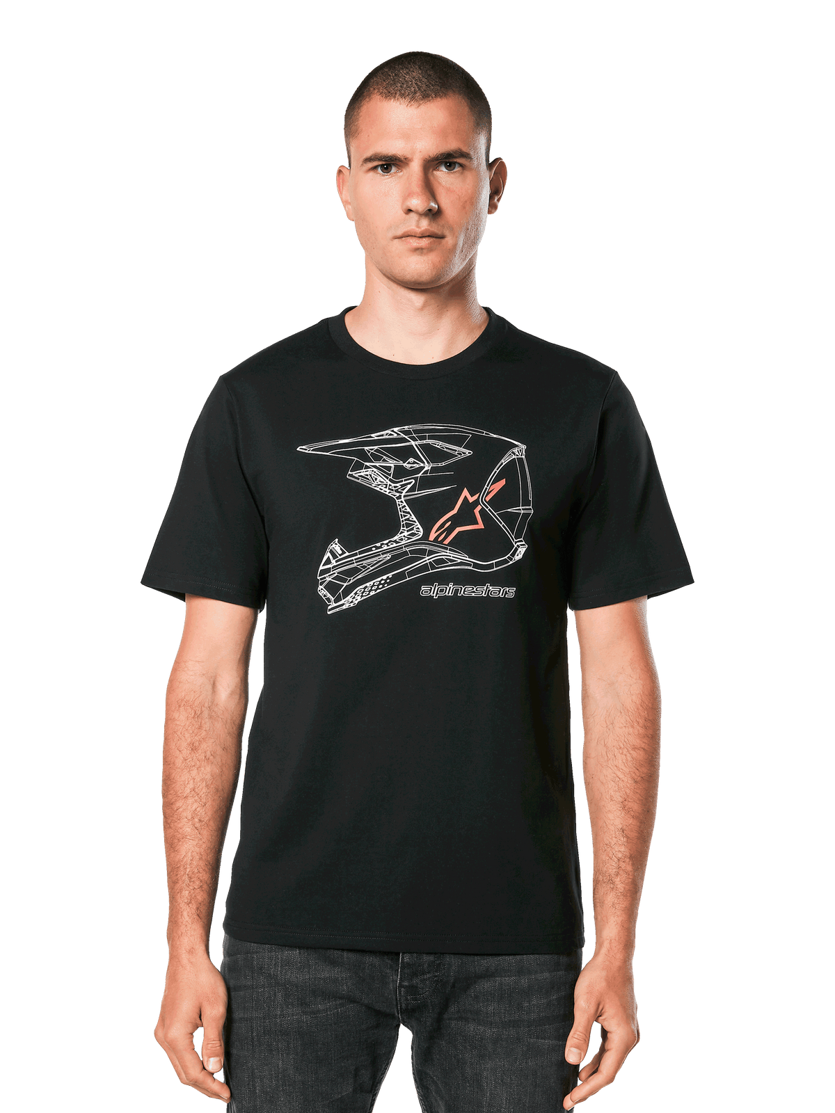 T-shirt Alpinestars MX Helmet CSF, t-shirt à manches courtes, noir, graphisme géométrique de casque de motocross blanc avec logo étoile orange, style streetwear décontracté pour sports mécaniques