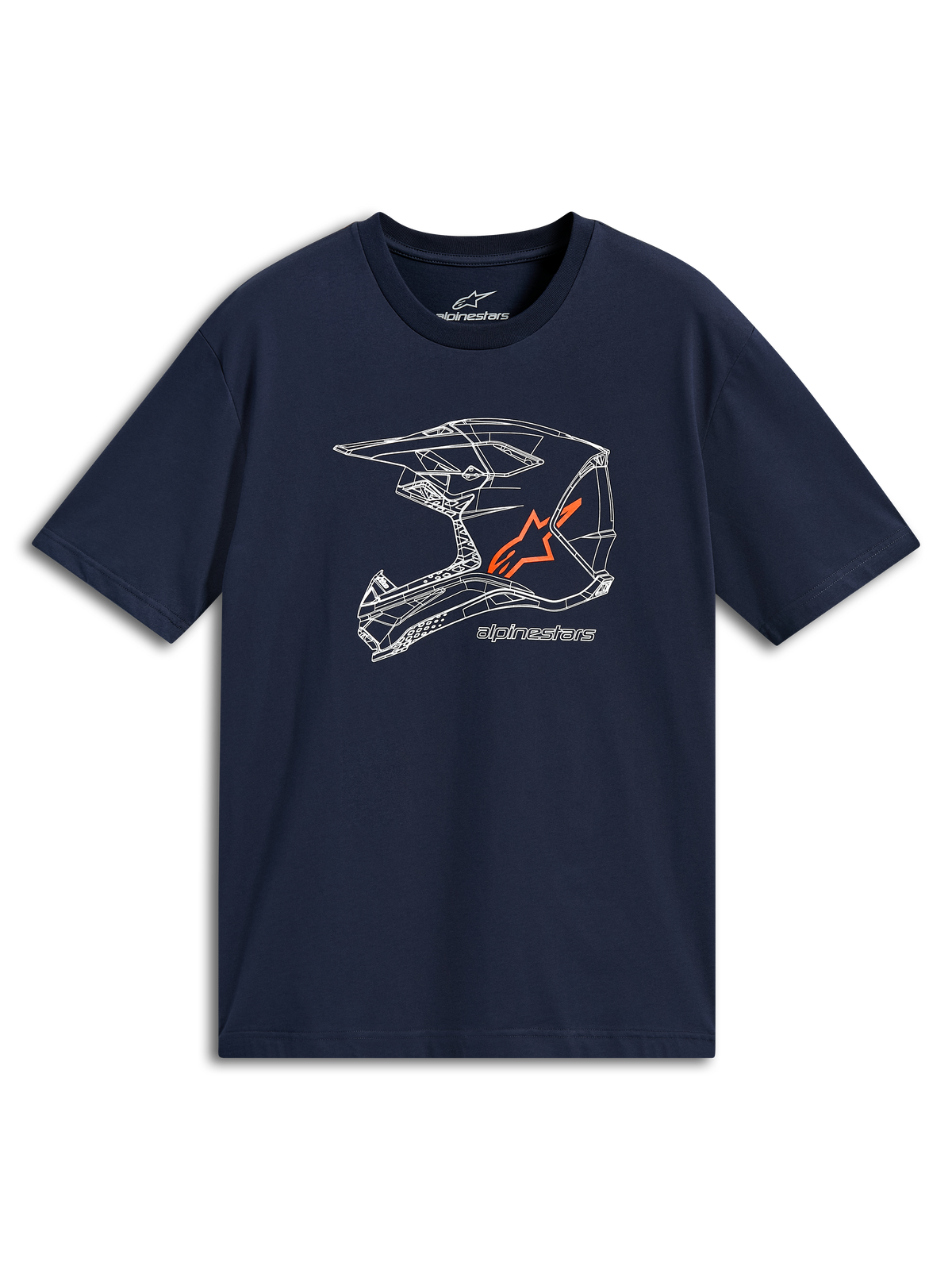 Alpinestars MX Helmet CSF Tee, t-shirt à manches courtes, bleu marine, graphique de casque MX blanc en dessin au trait avec logo orange, vêtement de sport décontracté pour sports mécaniques