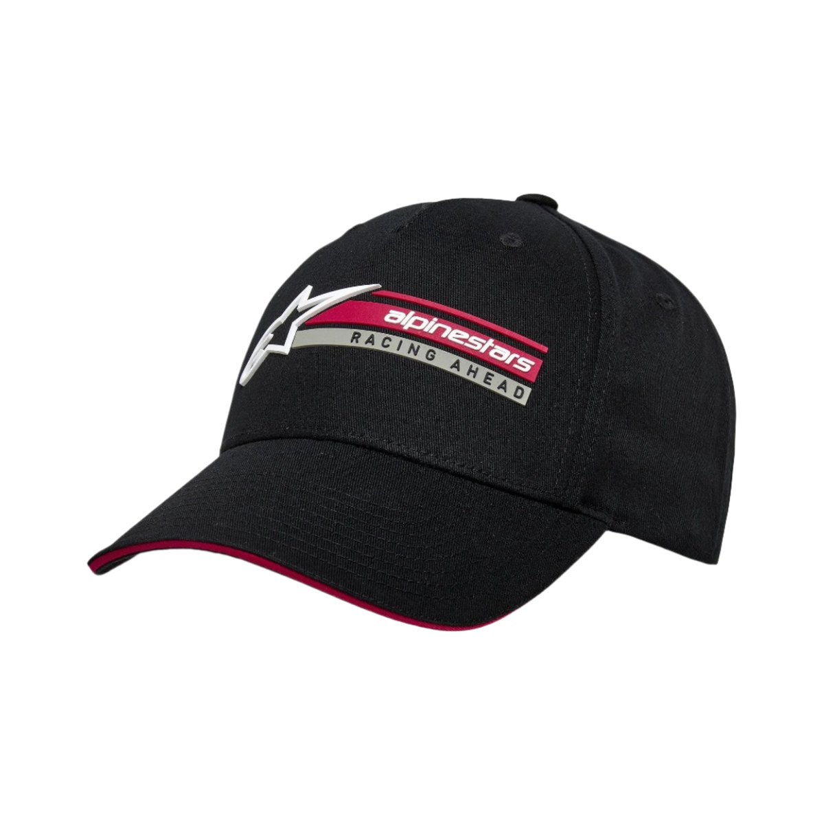 Casquette Par Alpinestars, casquette snapback noire, visière courbée avec détail sandwich rouge, broderie 3D latérale avec logo Alpinestars et texte Racing Ahead, sportswear décontracté structuré