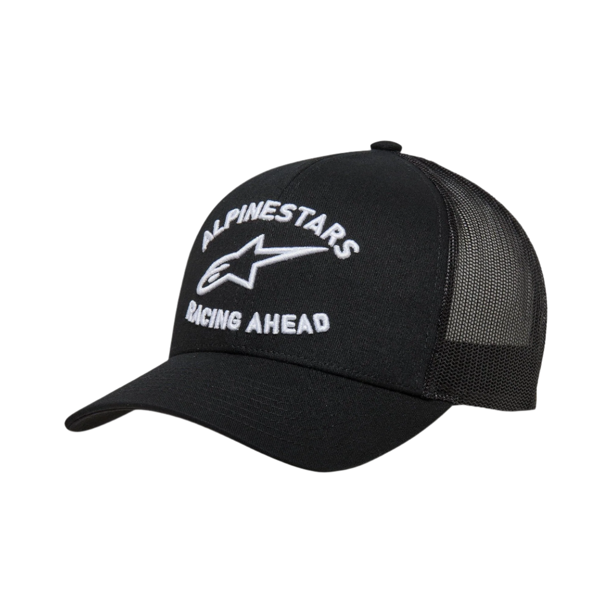Alpinestars Triple Trucker Hat, casquette trucker noire avec visière courbée et arrière en maille, broderie blanche en relief 3D arborant 'Alpinestars Racing Ahead' et le logo, couvre-chef décontracté inspiré du sport automobile