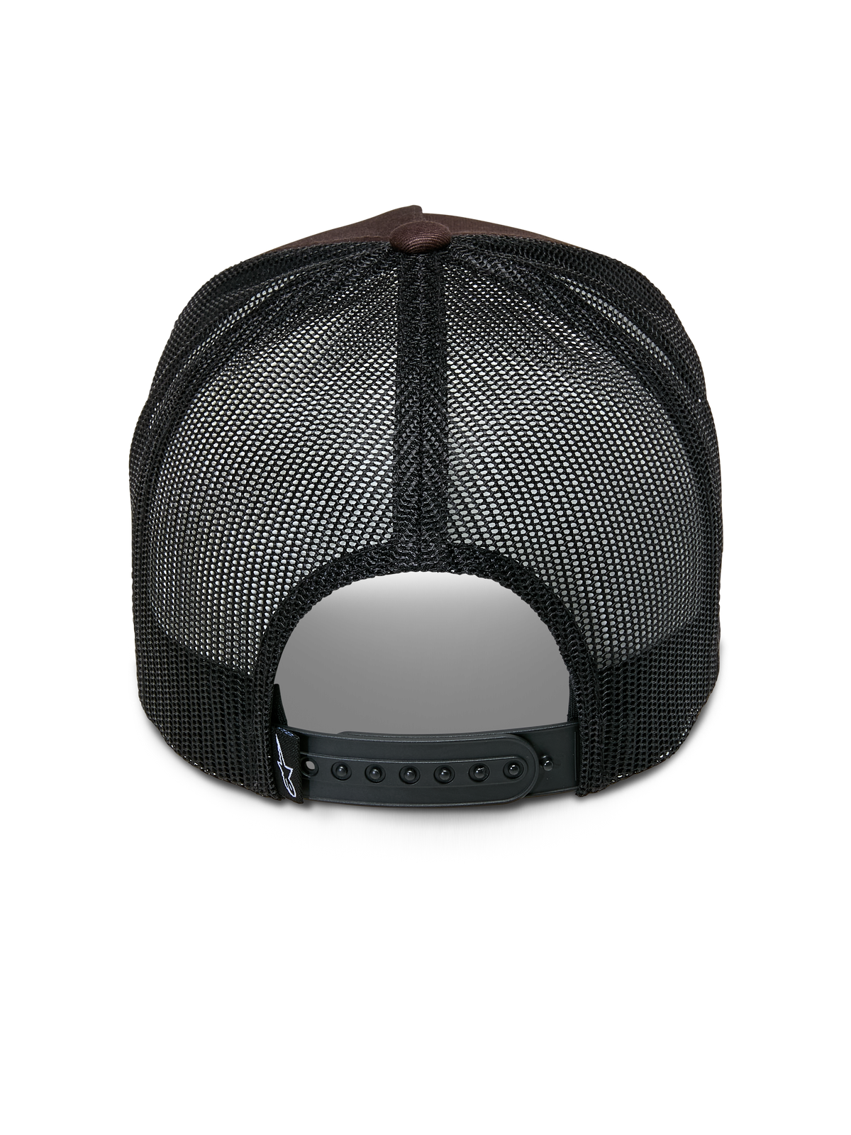 Alpinestars Heritage Patch Trucker Hat, Trucker Hat, Brown and Black, back view showing black mesh panels, adjustable snapback closure, and small white logo detail on the strap