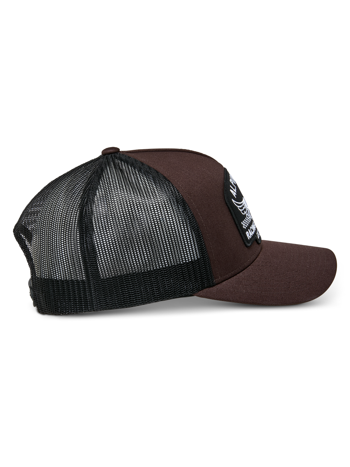Alpinestars Heritage Patch Trucker Hat, Brown and Black, featuring a structured crown with a large embroidered patch, curved bill, and black mesh back, casual motorsport-inspired design
