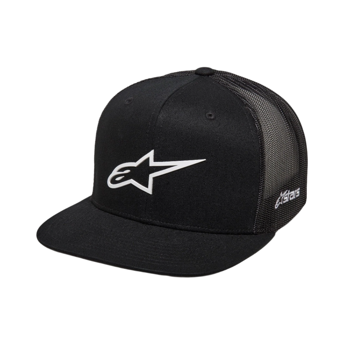 Casquette Trucker Alpinestars 3D Ageless, noire avec logo Alpinestars blanc, visière plate, couronne structurée, arrière en maille noire, vêtement de sport décontracté inspiré du sport automobile