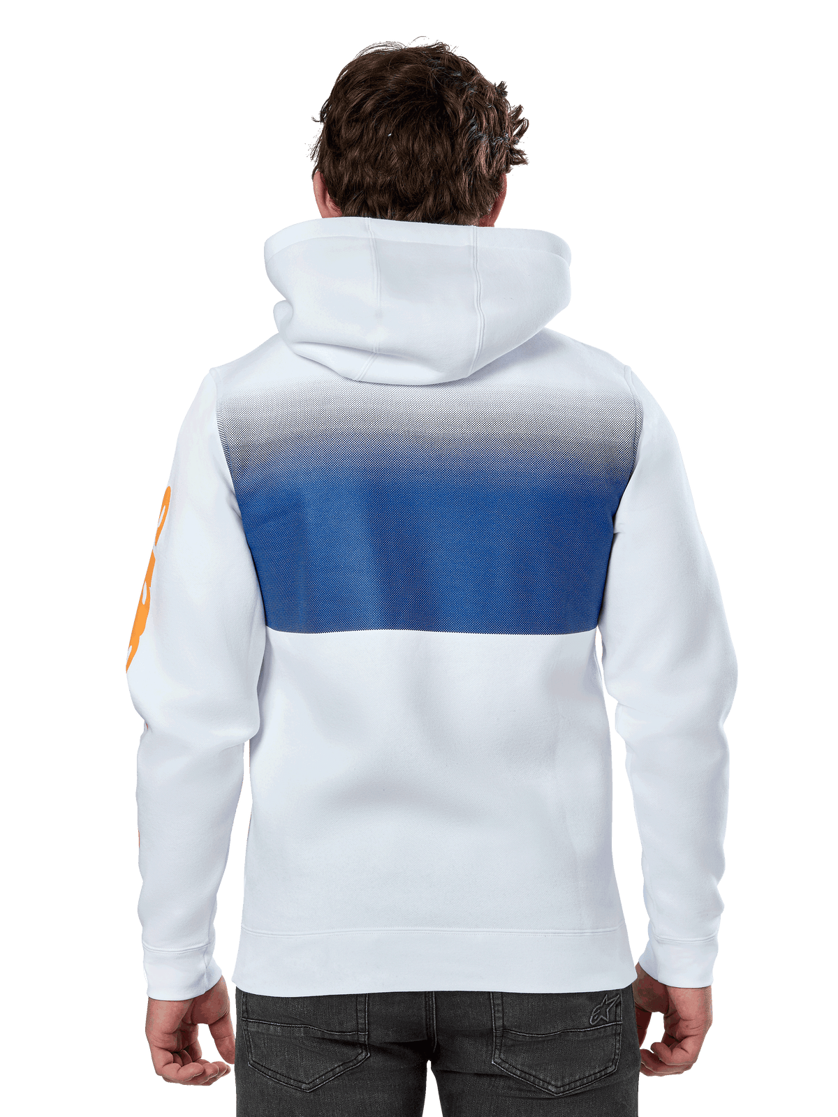 Sweat à capuche Alpinestars Specter, blanc, sweat à capuche streetwear décontracté avec imprimé dégradé bleu au dos, logo orange sur la manche, vue de dos