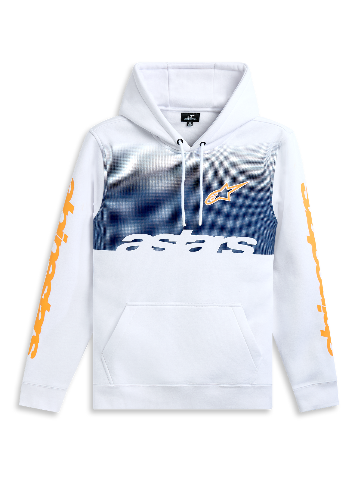 Alpinestars Sweat À Capuche Specter, sweat à capuche sportswear blanc et bleu avec imprimé dégradé, poche kangourou et marquages orange sur les manches