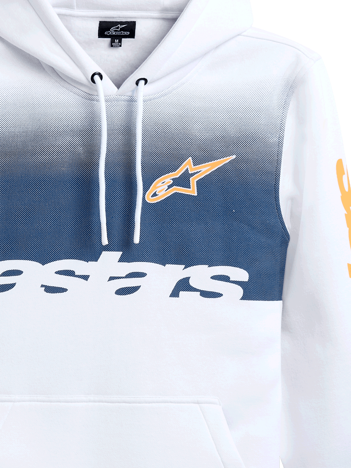 Sweat à capuche Alpinestars Specter, blanc avec imprimé dégradé bleu marine, logo étoile Alpinestars orange et marquage blanc, sweat en polaire décontracté style streetwear inspiré des sports mécaniques avec capuche à cordon de serrage