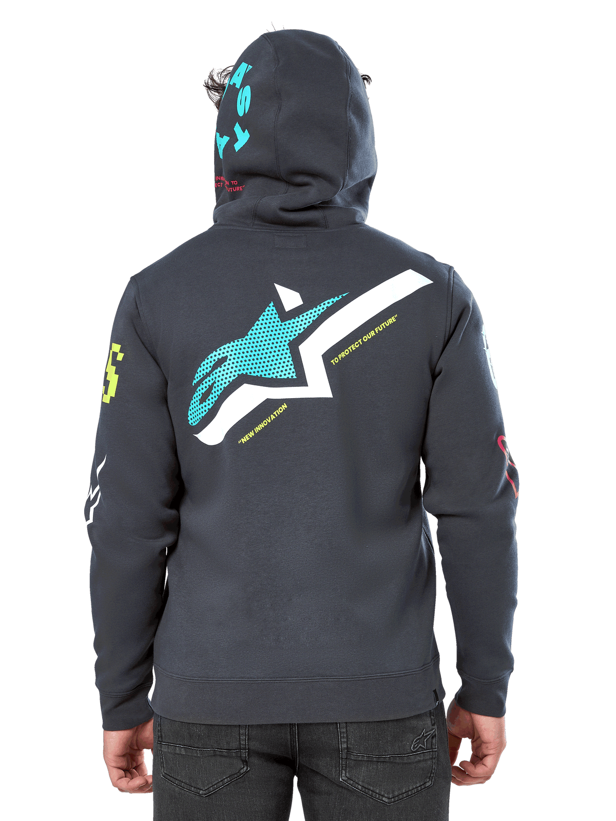 Alpinestars Variegate Hoodie, back view, Gunmetal Gray, features large teal and white Astars logo on back with 'New Innovation' text, teal 'Astars' graphic on hood, colorful sleeve logos, casual motorsport streetwear