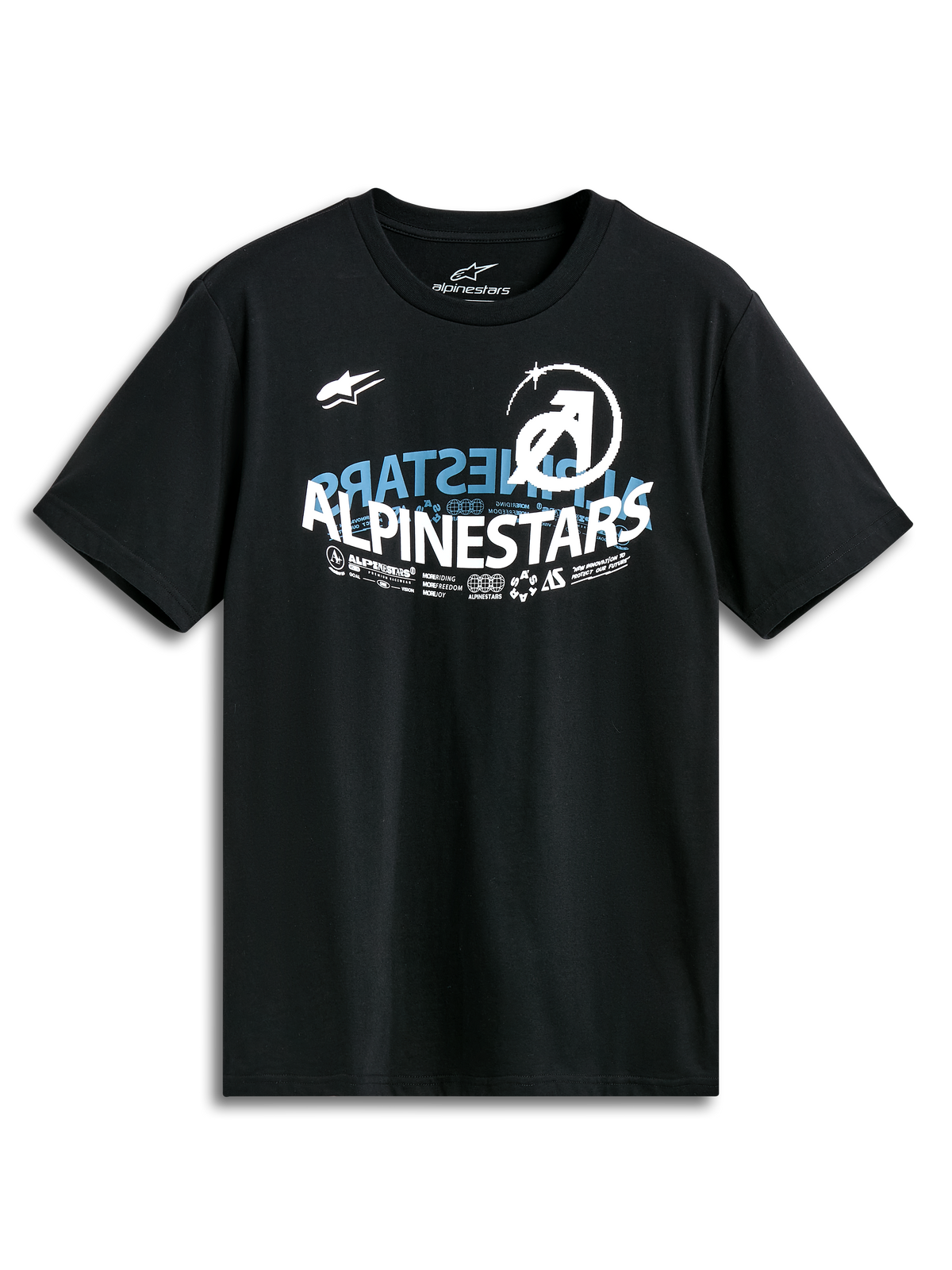 T-shirt Alpinestars Semicircle CSF, t-shirt à manches courtes, noir, graphique Alpinestars semi-circulaire incurvé à l'avant avec des accents bleu et blanc, design décontracté inspiré du sport automobile