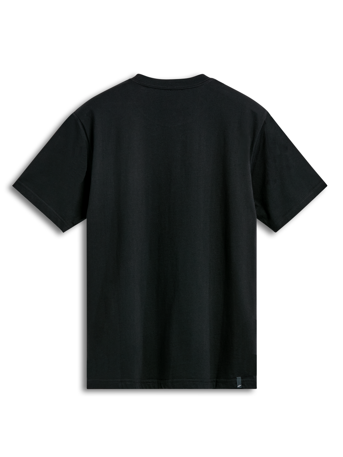 T-shirt Alpinestars Semicircle CSF, t-shirt à manches courtes, noir, vue de dos montrant le tissu uni et une petite étiquette de la marque sur l'ourlet inférieur, style streetwear décontracté sport automobile