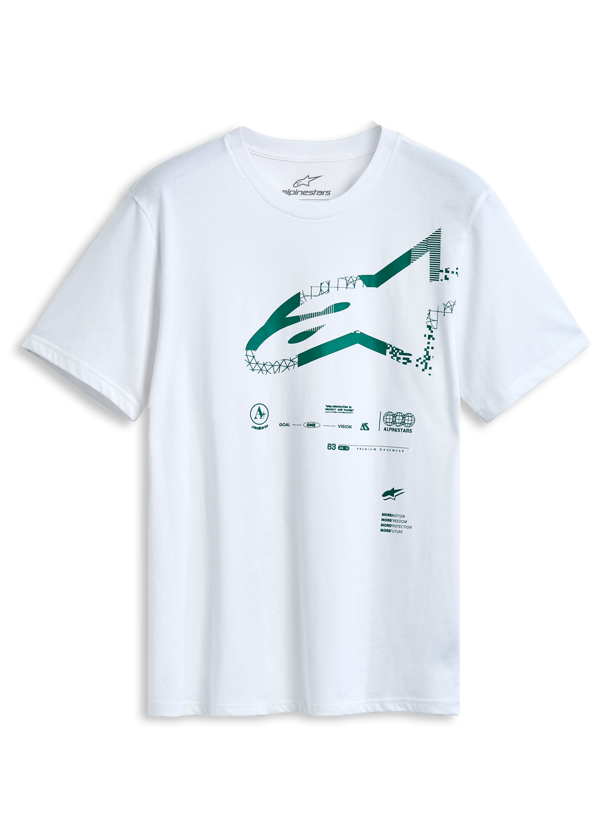 T-shirt Alpinestars Geografica CSF, manches courtes, blanc, logo Astars vert à l'avant avec graphique multi-tech, sportswear décontracté inspiré du sport automobile