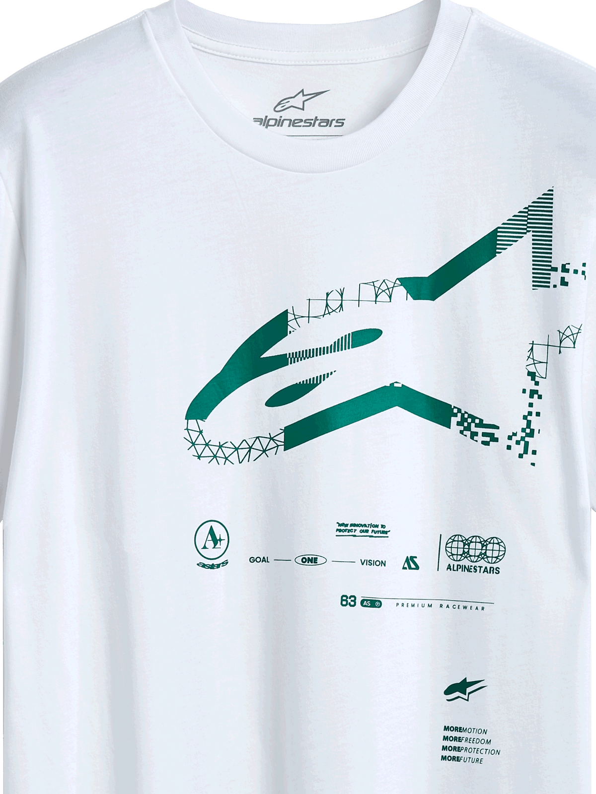 T-shirt Alpinestars Geografica CSF, t-shirt à manches courtes, blanc, logo Astars vert Multi-Tech avec graphismes géométriques et pixélisés, streetwear décontracté inspiré du sport automobile
