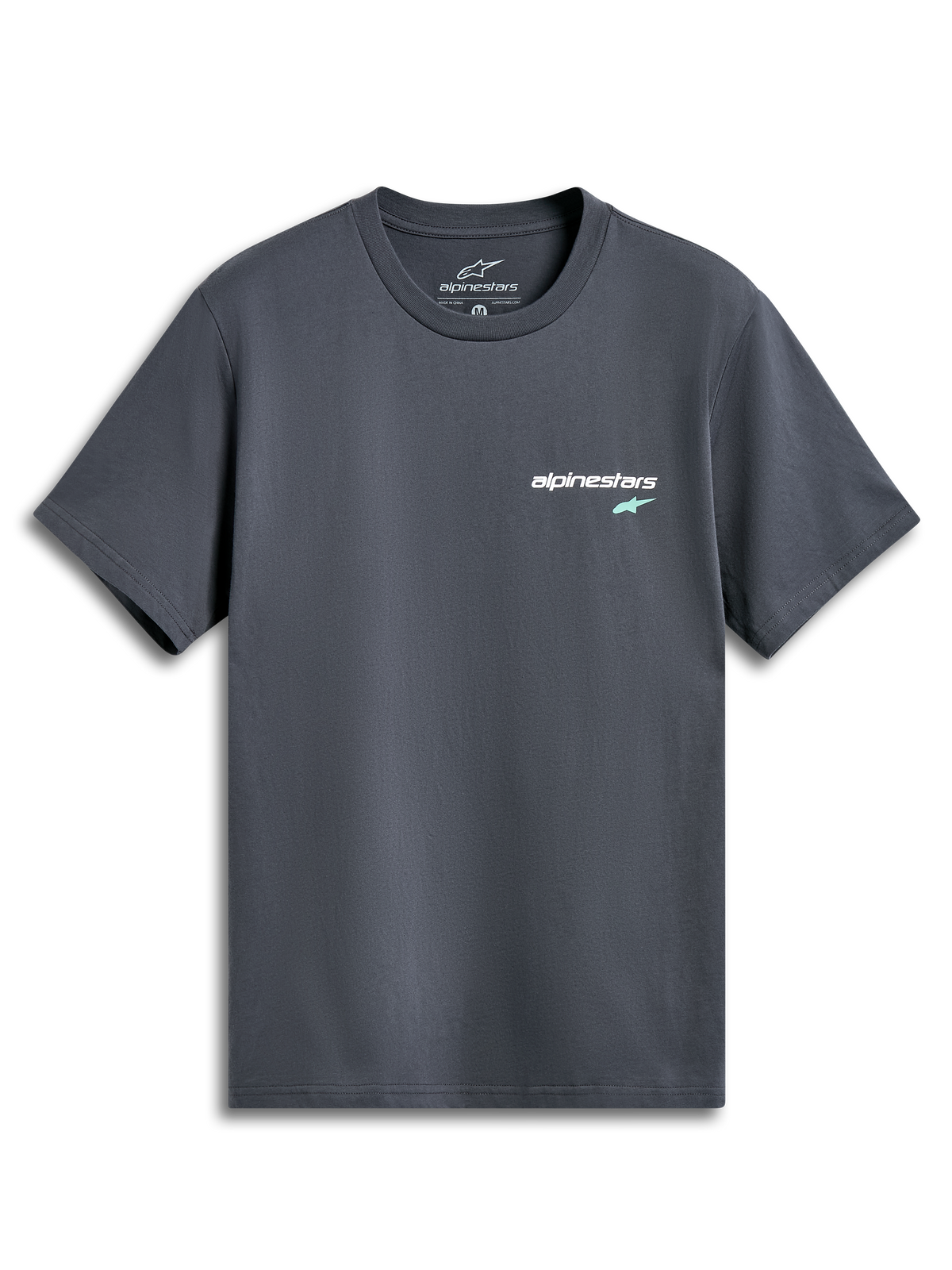 Alpinestars No Barrier CSF Tee, t-shirt à manches courtes, gris anthracite, petit logo blanc avec une étoile vert menthe sur la poitrine, streetwear décontracté inspiré du sport automobile