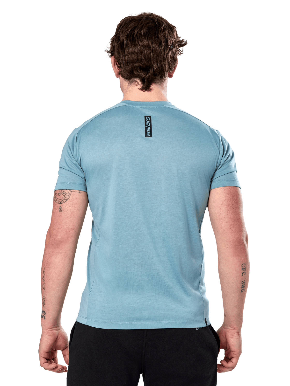 T-shirt Alpinestars Point Performance - Manches courtes, Bleu Glacier, vue de dos avec petit logo vertical noir 'astars' sur le haut du dos, tissu technique évacuant l'humidité, sportswear décontracté